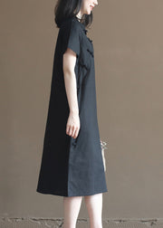 Classy Solid Black Stand Collar Oriental Button Cotton Linen Cheongsam Dresses Short Sleeve