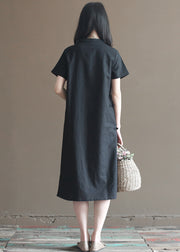 Classy Solid Black Stand Collar Oriental Button Cotton Linen Cheongsam Dresses Short Sleeve