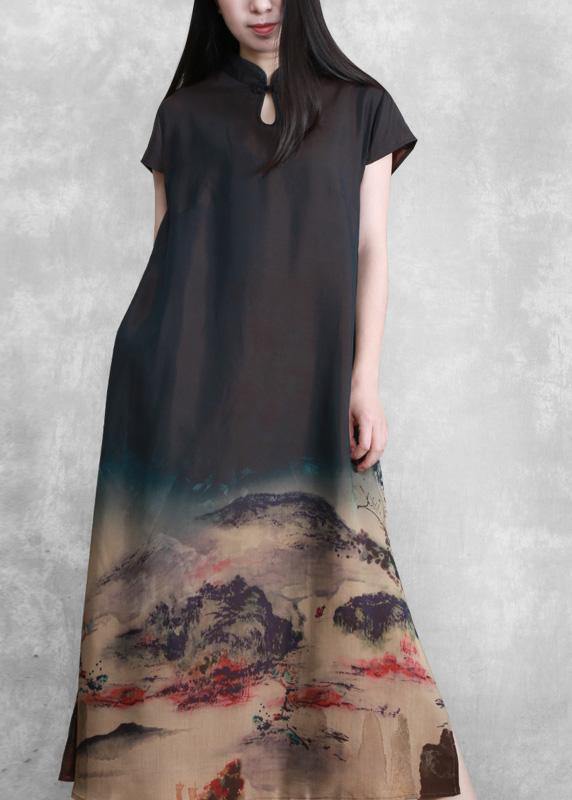 Beautiful Mountain Paiting Satin Dress Long Summer Dresses - bagstylebliss