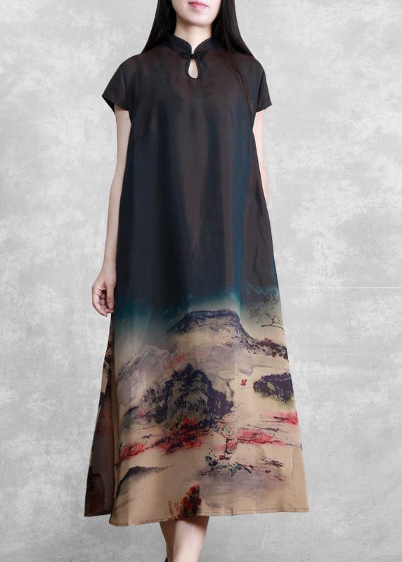 Beautiful Mountain Paiting Satin Dress Long Summer Dresses - bagstylebliss