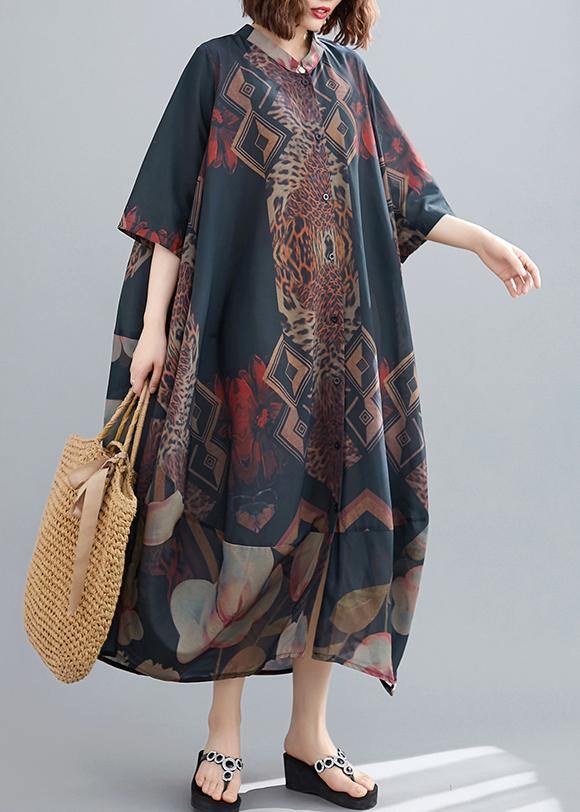 Classy Stand Collar Summer Dresses Fashion Ideas Black Abstract Pattern Long Dresses - bagstylebliss