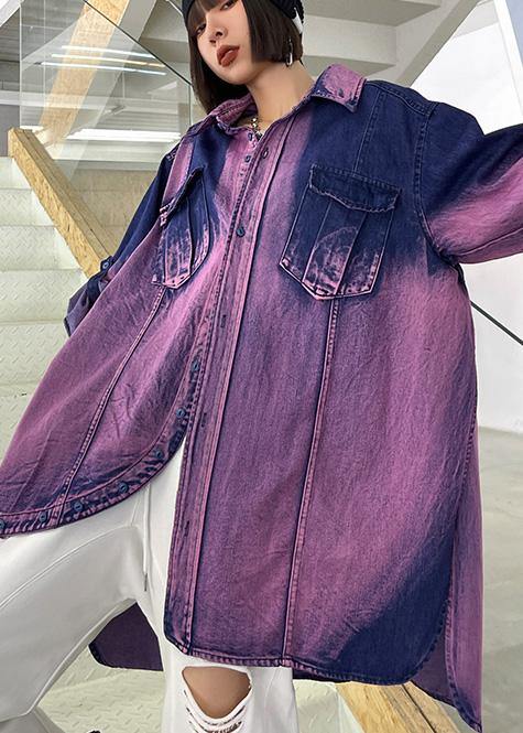 Classy Tie Dye Purple Asymmetrical Design Cotton Long Sleeve Spring Shirt - bagstylebliss