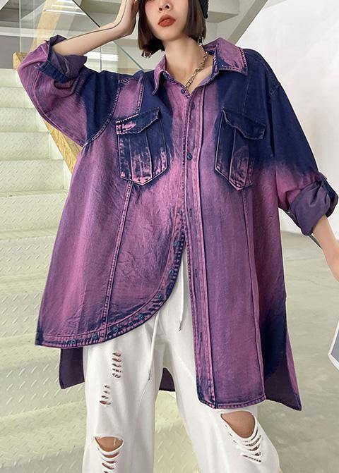 Classy Tie Dye Purple Asymmetrical Design Cotton Long Sleeve Spring Shirt - bagstylebliss