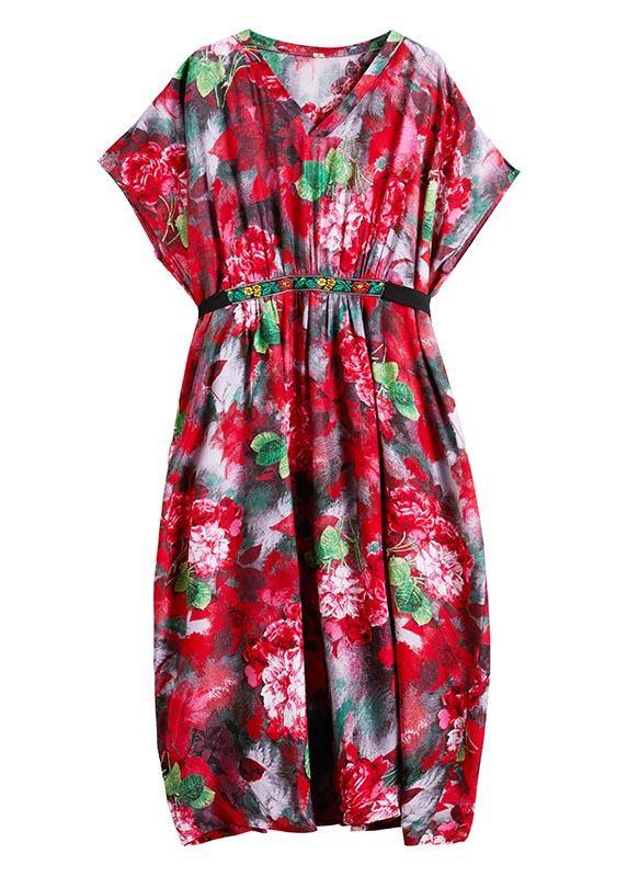 Classy V Neck Tie Waist Summer Tutorials Red Print Art Dress - bagstylebliss