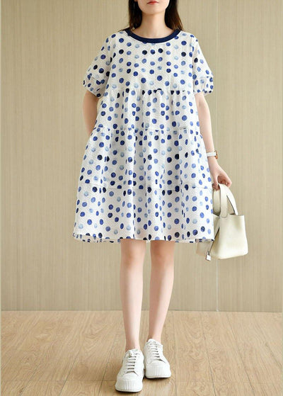 Classy White Dot Print Summer Cotton Dress Short Sleeve - bagstylebliss