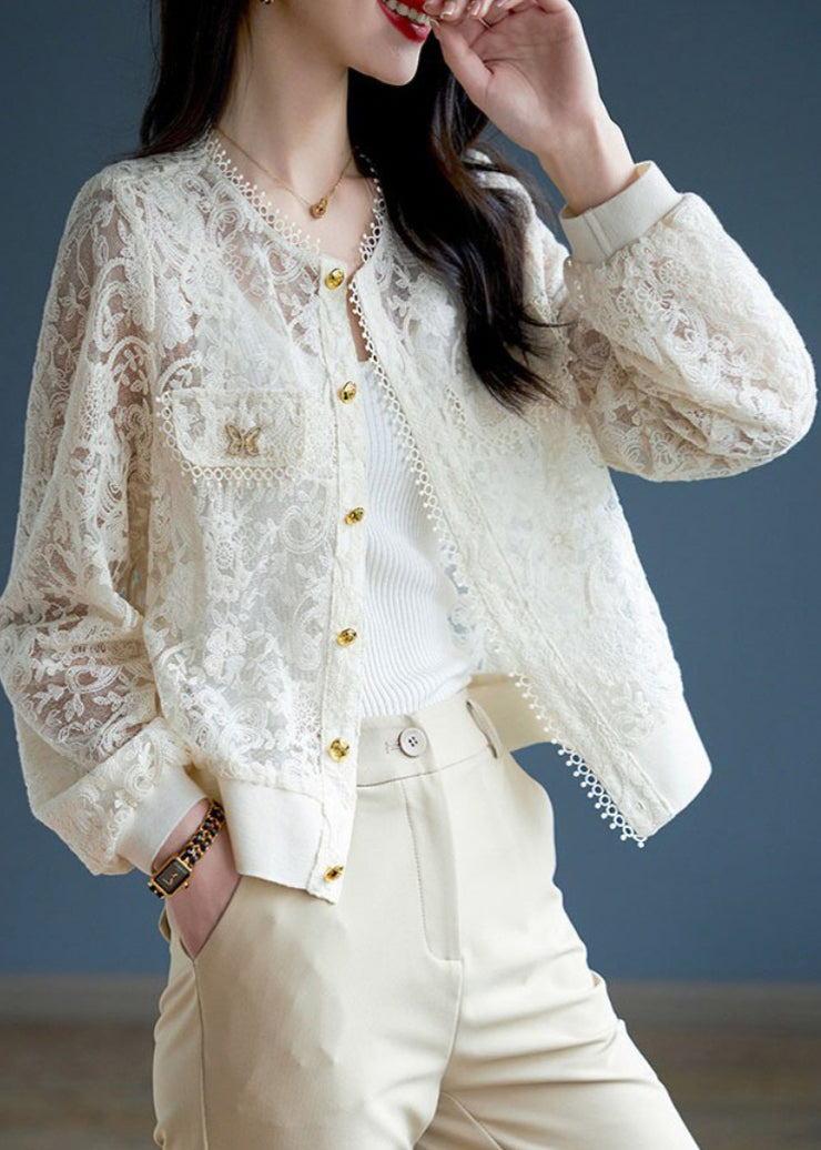 Classy White Hollow Out Button Lace Coats Long Sleeve