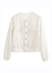 Classy White Hollow Out Button Lace Coats Long Sleeve