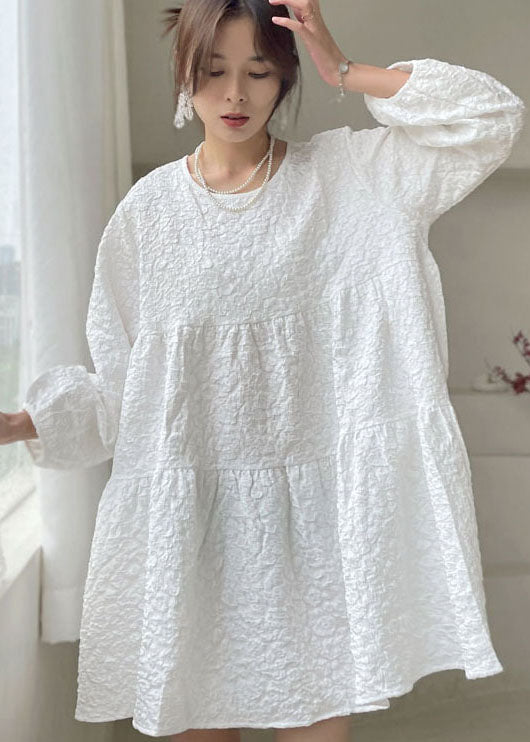 Classy White O-Neck Patchwork Cotton Dress Spring