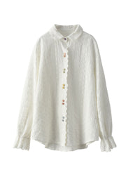 Classy White Peter Pan Collar Embroideried Cotton Shirts top Long Sleeve