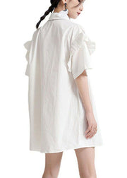 Classy White Ruffled Cinched Summer Asymmetrical Design Half Sleeve Dress - bagstylebliss