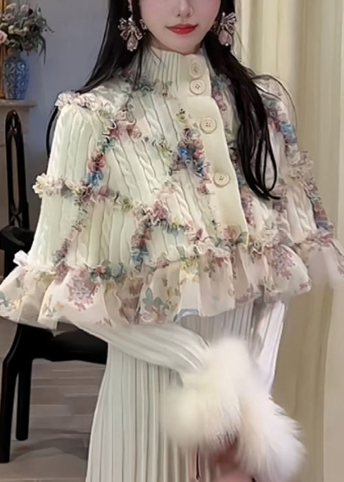 Classy White Ruffled Patchwork Cape And Dress Knit Two Pieces Set Spring