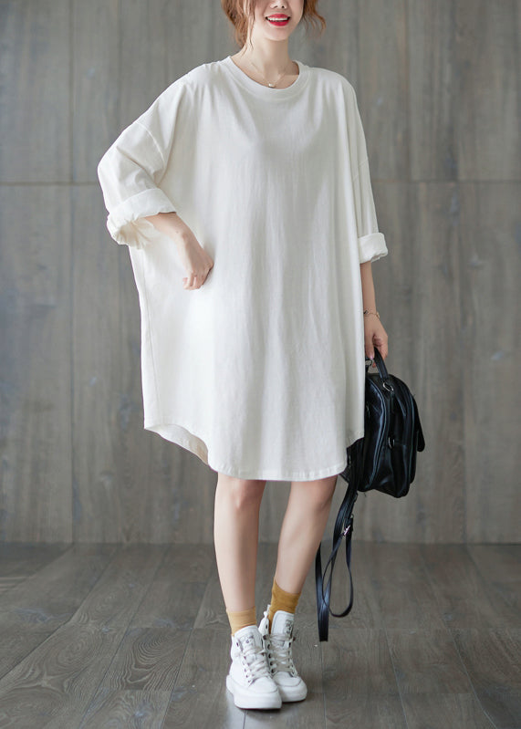 Classy White Solid O-Neck Loose A Line Dress Long Sleeve