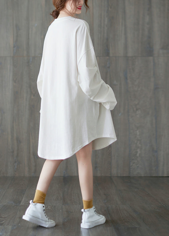 Classy White Solid O-Neck Loose A Line Dress Long Sleeve