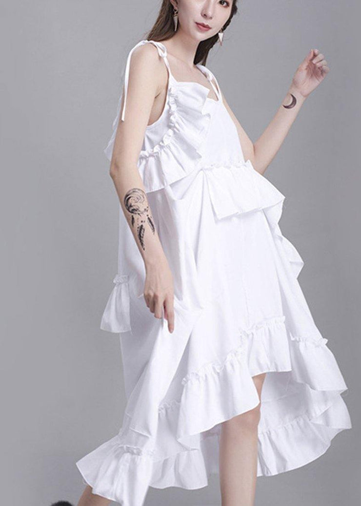Classy White Summer asymmetrical design Cotton Spaghetti Strap Dress - bagstylebliss