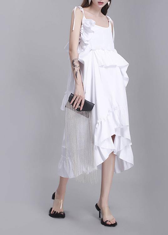 Classy White Summer asymmetrical design Cotton Spaghetti Strap Dress - bagstylebliss