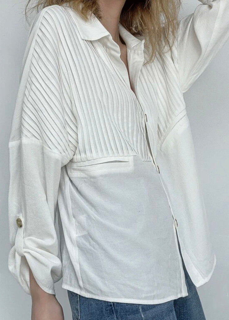 Classy White Wrinkled Button Patchwork Cotton Blouses Fall