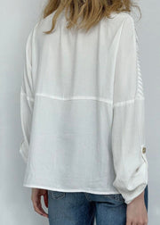 Classy White Wrinkled Button Patchwork Cotton Blouses Fall