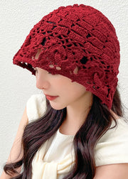 Classy Wine Red Floral Hollow Out Knitted Cotton Bonnie Hat