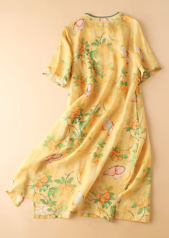 Classy Yellow Button Print Patchwork Cotton Dresses Summer