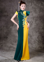 Classy Yellow Green Colorblock Asymmetrical Ruffled Silk Party Long Dress Short Sleeve