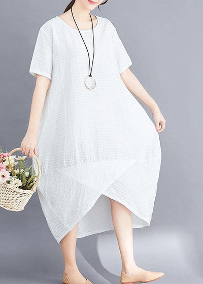 Classy asymmetric patchwork cotton tunic top pattern white o neck long Dresses summer - bagstylebliss