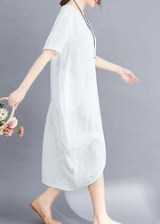 Classy asymmetric patchwork cotton tunic top pattern white o neck long Dresses summer - bagstylebliss