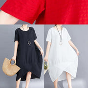 Classy asymmetric patchwork cotton tunic top pattern white o neck long Dresses summer - bagstylebliss