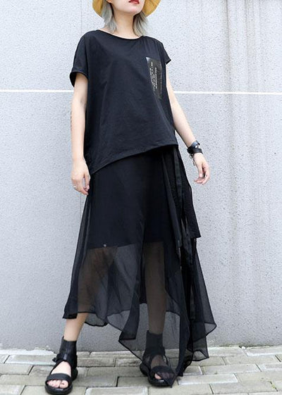 Classy black cotton clothes asymmetric short sleeve tunic summer blouses - bagstylebliss