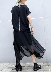 Classy black cotton clothes asymmetric short sleeve tunic summer blouses - bagstylebliss