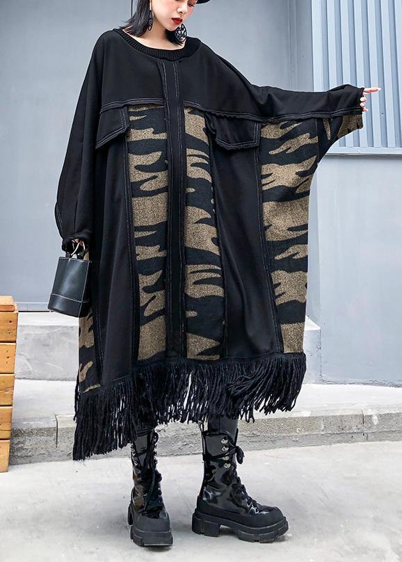 Classy black cotton dress patchwork tassel Dress - bagstylebliss