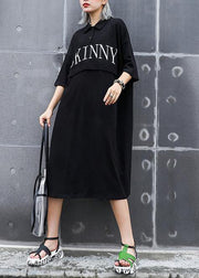 Classy black cotton outfit lapel back side open cotton robes summer Dress - bagstylebliss