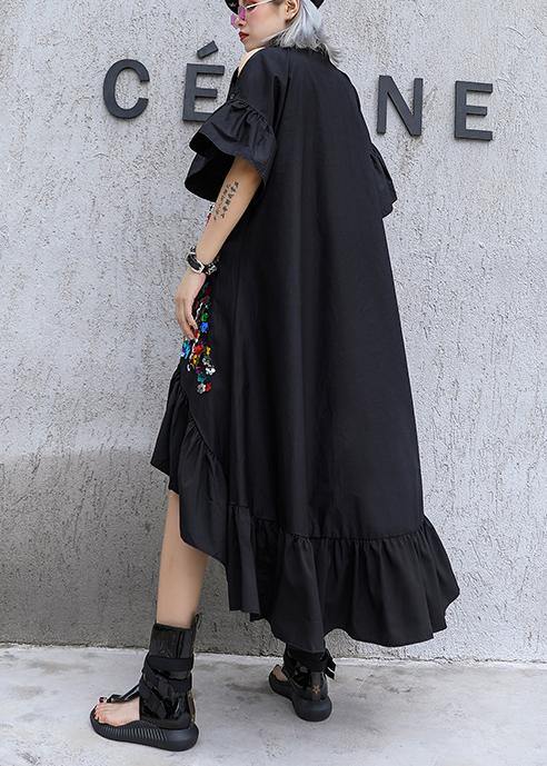 Classy black cotton tunic top lapel patchwork Kaftan summer Dresses - bagstylebliss