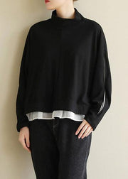 Classy black cotton tunic top open long sleeve Knee half high neck tops - bagstylebliss