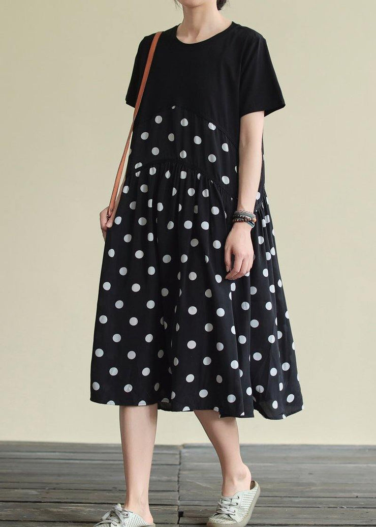 Classy black dotted Cotton clothes o neck patchwork A Line Dress - bagstylebliss