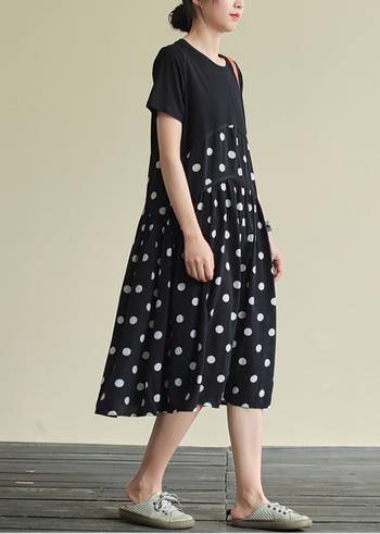 Classy black dotted Cotton clothes o neck patchwork A Line Dress - bagstylebliss