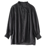 Classy black linen Blouse stand collar utton Down daily blouses - bagstylebliss