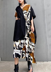 Classy black patchwork floral Cotton quilting dresses asymmetric short Dresses - bagstylebliss