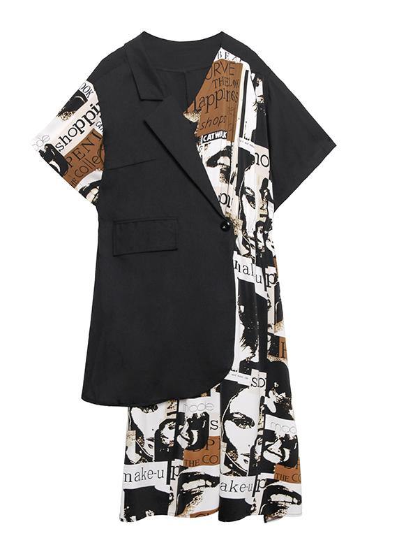Classy black patchwork floral Cotton quilting dresses asymmetric short Dresses - bagstylebliss