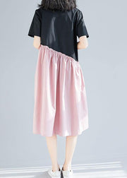 Classy black patchwork pink cotton tunic dress v neck long summer Dress - bagstylebliss