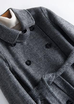 Classy black plaid fine Long Woolen CoatsPhotography Notched tie waist fall Woolen Coats - bagstylebliss