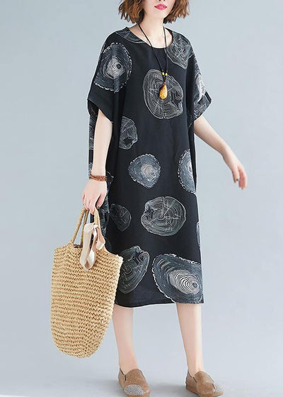 Classy black print Cotton clothes o neck baggy Knee summer Dresses - bagstylebliss