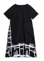 Classy black print clothes For Women o neck asymmetric Robe summer Dress - bagstylebliss