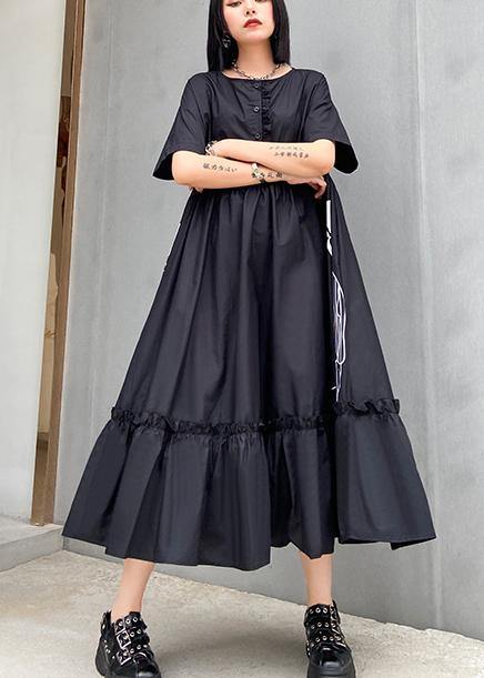 Classy black print cotton clothes o neck Cinched cotton robes summer Dresses - bagstylebliss