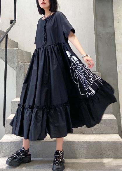 Classy black print cotton clothes o neck Cinched cotton robes summer Dresses - bagstylebliss