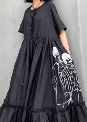 Classy black print cotton clothes o neck Cinched cotton robes summer Dresses - bagstylebliss