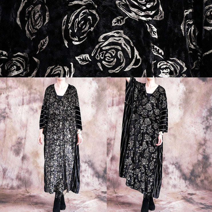 Classy black print quilting clothes o neck patchwork Robe fall Dress - bagstylebliss