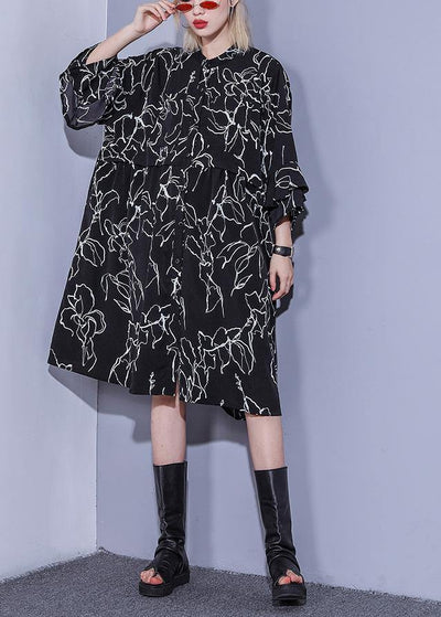 Classy black print silk Cotton dresses Tunic Tops Square Collar European Art Summer Dress - bagstylebliss