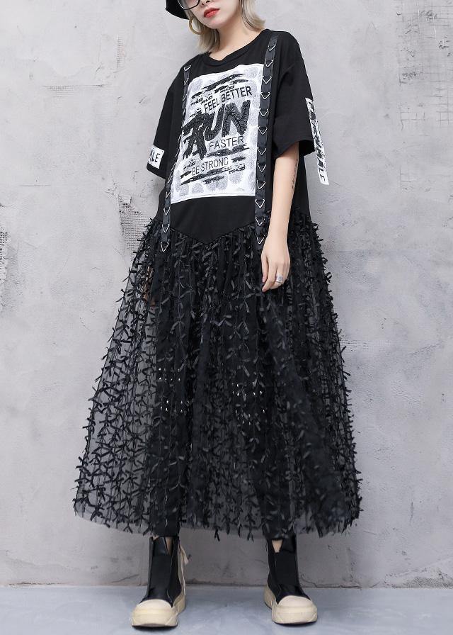 Classy black prints cotton dresses patchwork tulle Art summer Dress - bagstylebliss