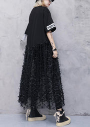 Classy black prints cotton dresses patchwork tulle Art summer Dress - bagstylebliss