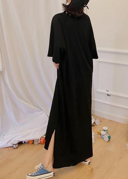 Classy black side open cotton dresses v neck Maxi summer Dresses - bagstylebliss